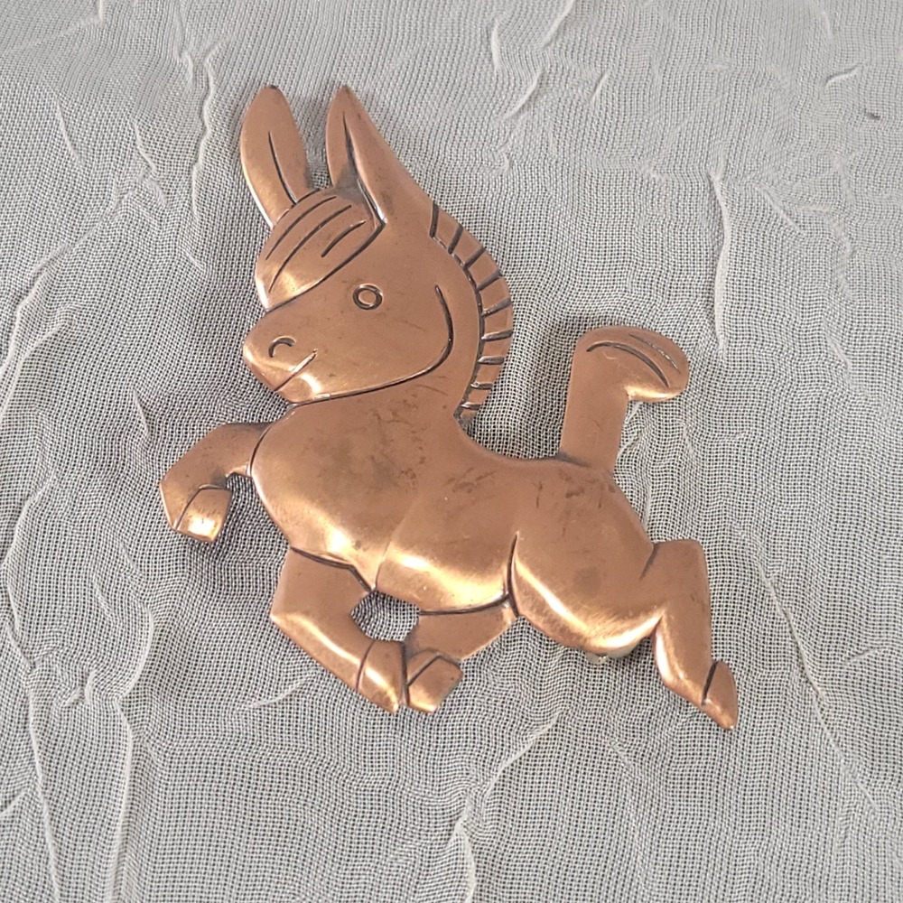 Solid Copper Prancing Donkey Burro Brooch Pin Enamel Back Jewelry